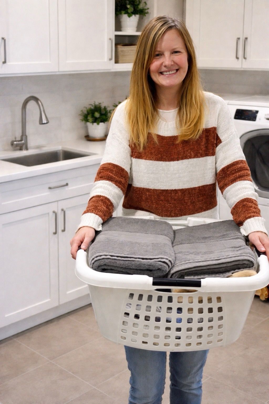 Woman holding a laundry basket with folded towels, smiling, in front of a clothing rack.