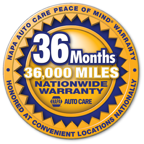 NAPA Auto Care 36-month/36,000-mile nationwide warranty circular gold and blue emblem. | State Road Auto Body & Repair