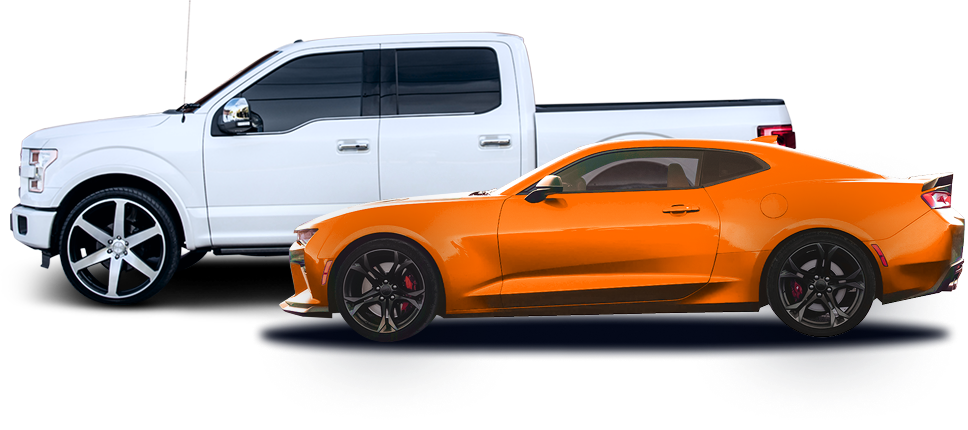 A white pickup truck parked behind a bright orange sports car against a plain white background. | State Road Auto Body & Repair