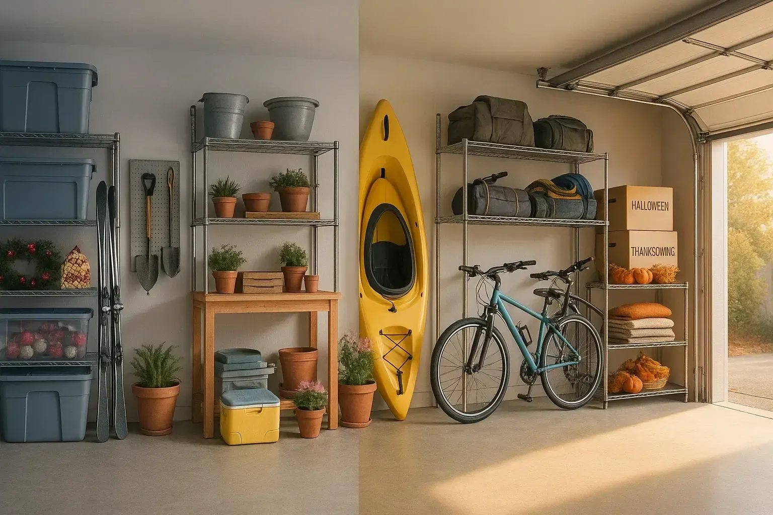 12-month storage calendar with seasonal bins for holiday décor, winter coats, patio furniture, and c