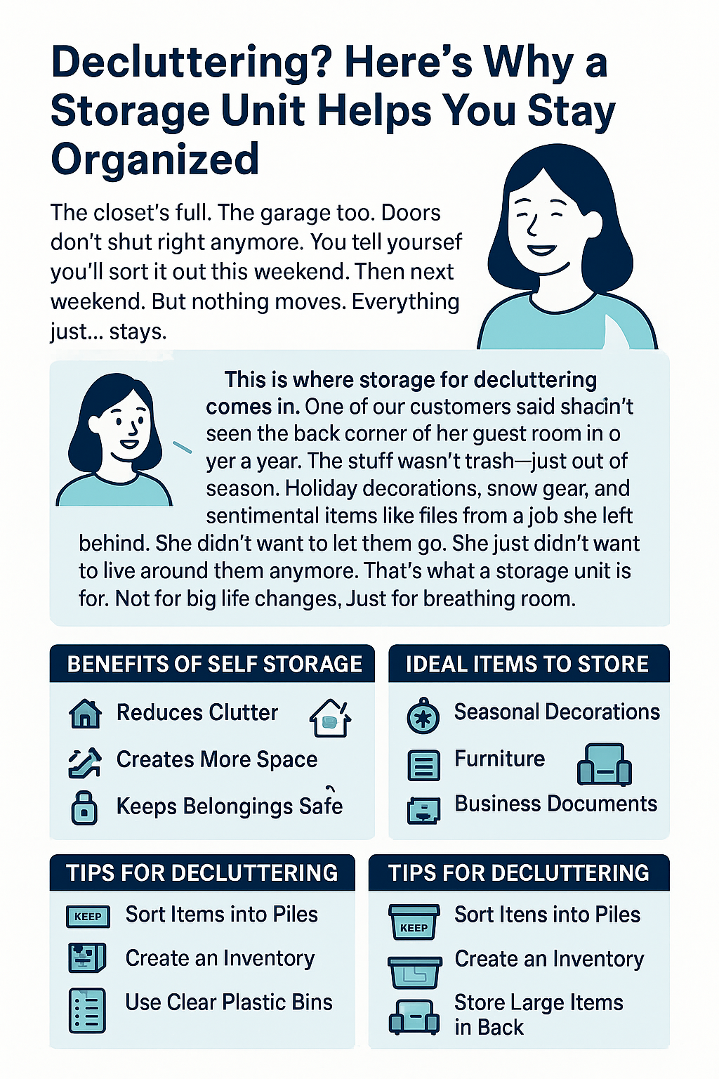 Infographic on decluttering with storage units. Lists benefits, items to store, and tips. Includes illustrations and text.