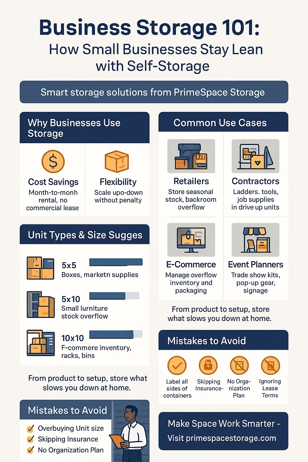 Infographic about business storage, showing use cases, unit sizes, and mistakes to avoid.