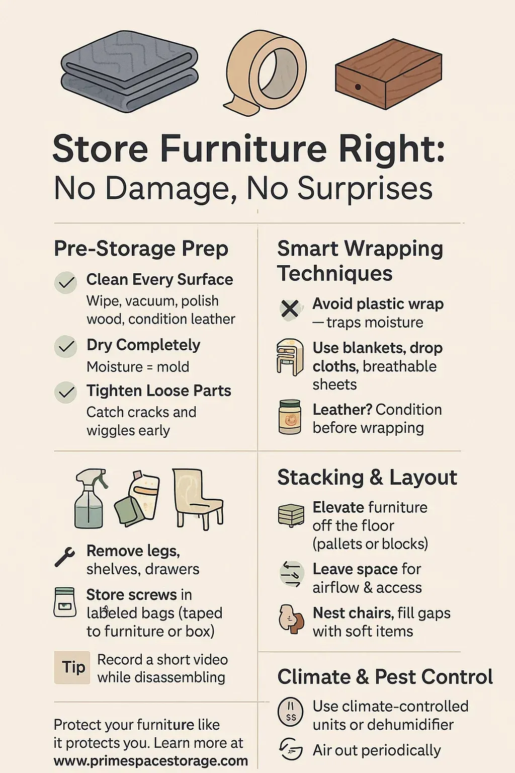 Infographic on furniture storage: prep, wrapping, stacking & climate control. Items shown are tape, blankets, furniture.