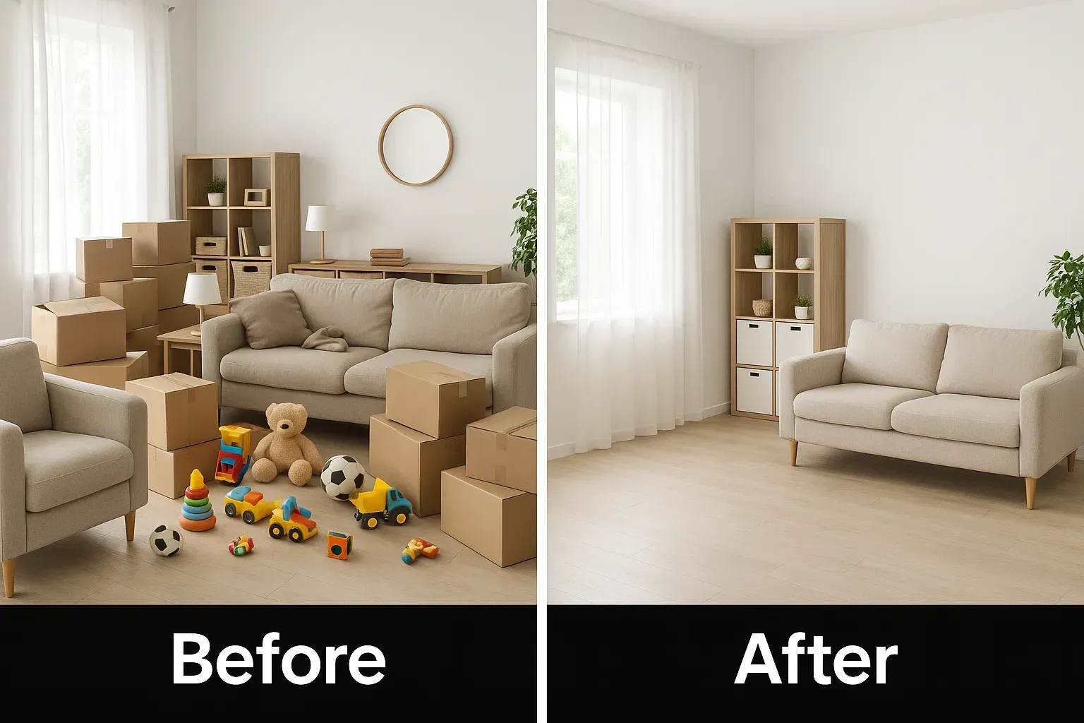 Staged living room with minimal furniture after using self storage to declutter before selling a hom