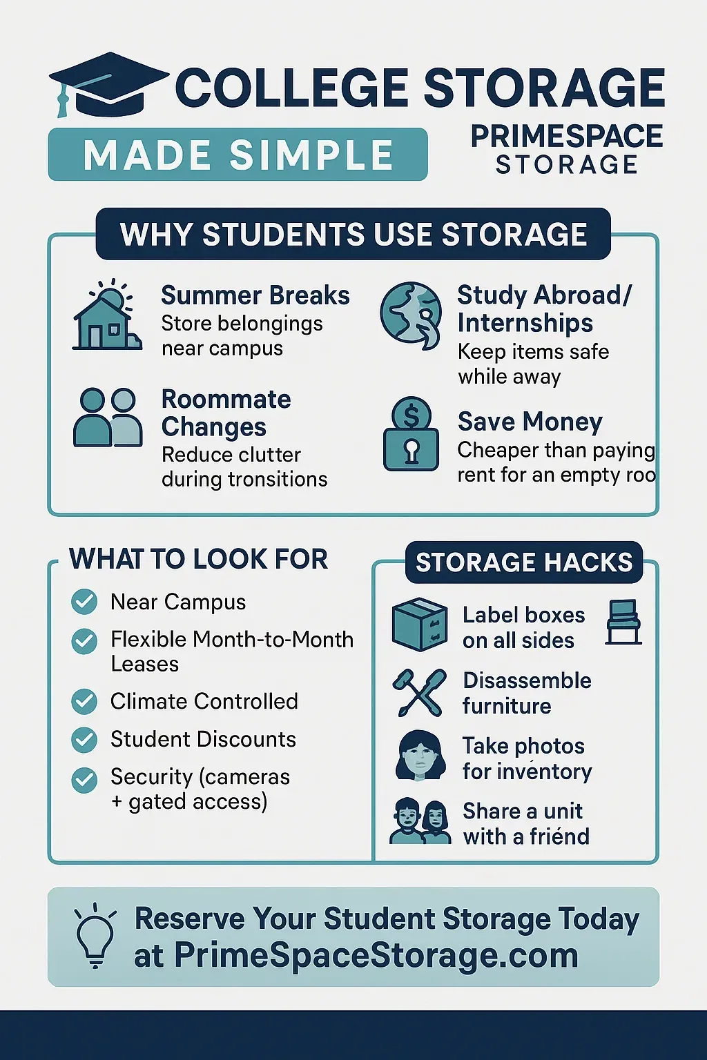 Infographic for college students: why storage, what to look for, and storage hacks.