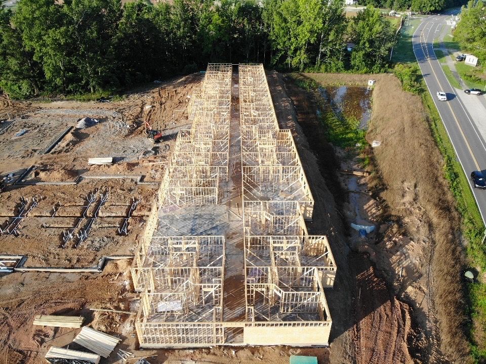 An aerial view of a the new assisted living facility at Dawson's Corner under construction.