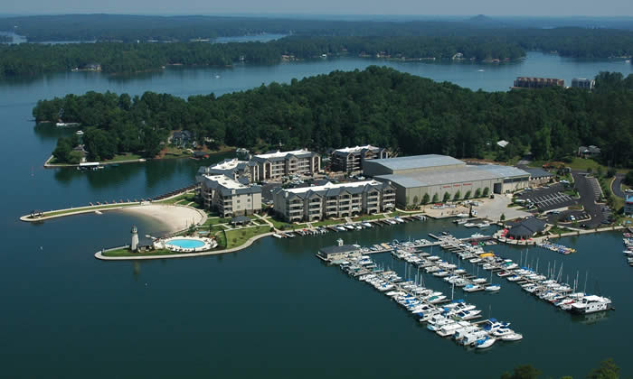An aerial view of a marina with boats in it