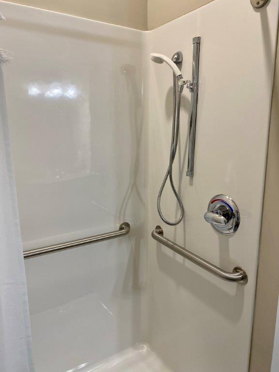 A shower with a hand held shower head and stainless steel handles.