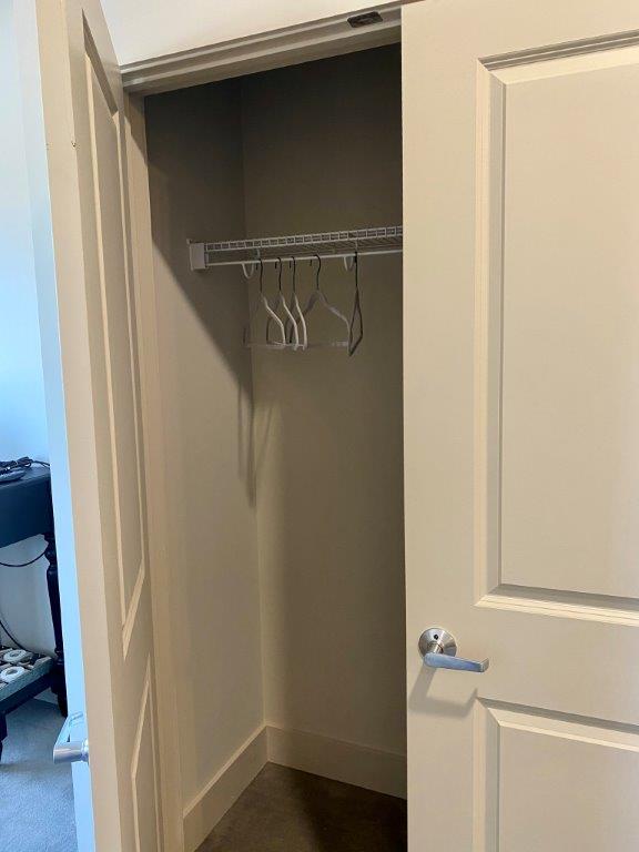 A closet with a door open and clothes hanging on a rack.