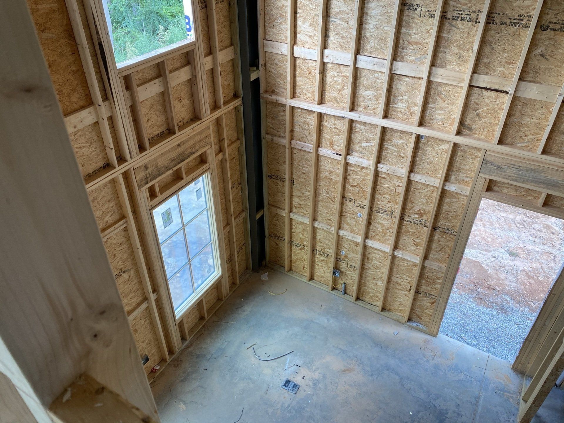 An aerial view of a room in a house under construction.