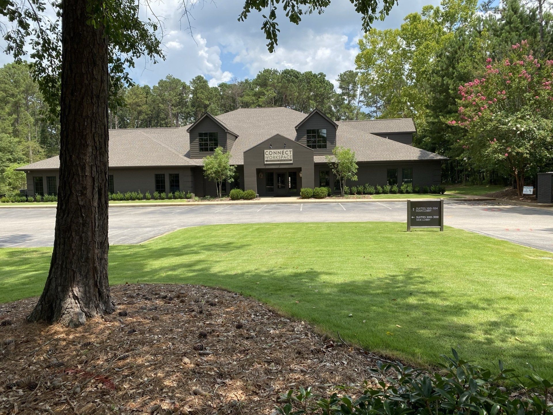 A large house with a tree in front of it