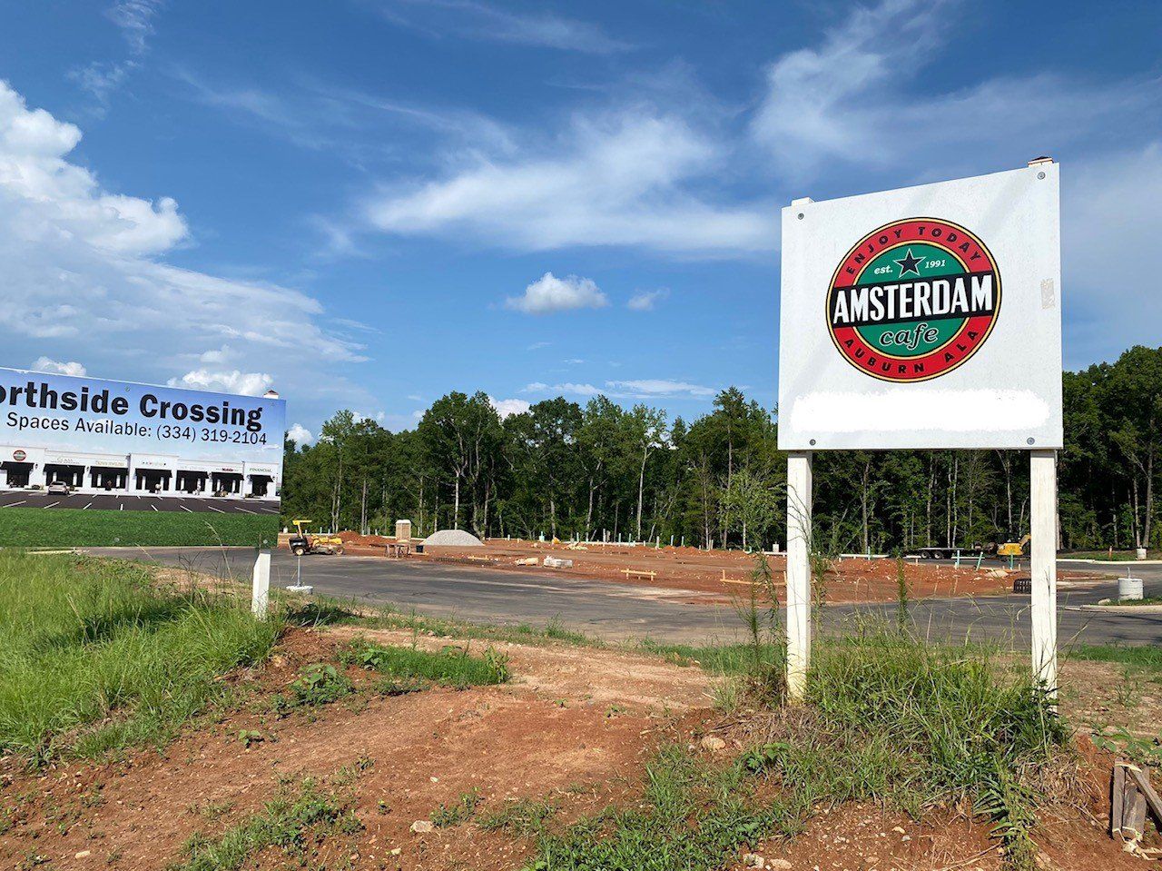 A white sign with the word amsterdam on it is in the middle of a field.