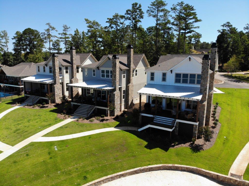 An aerial view of a row of houses in a residential area