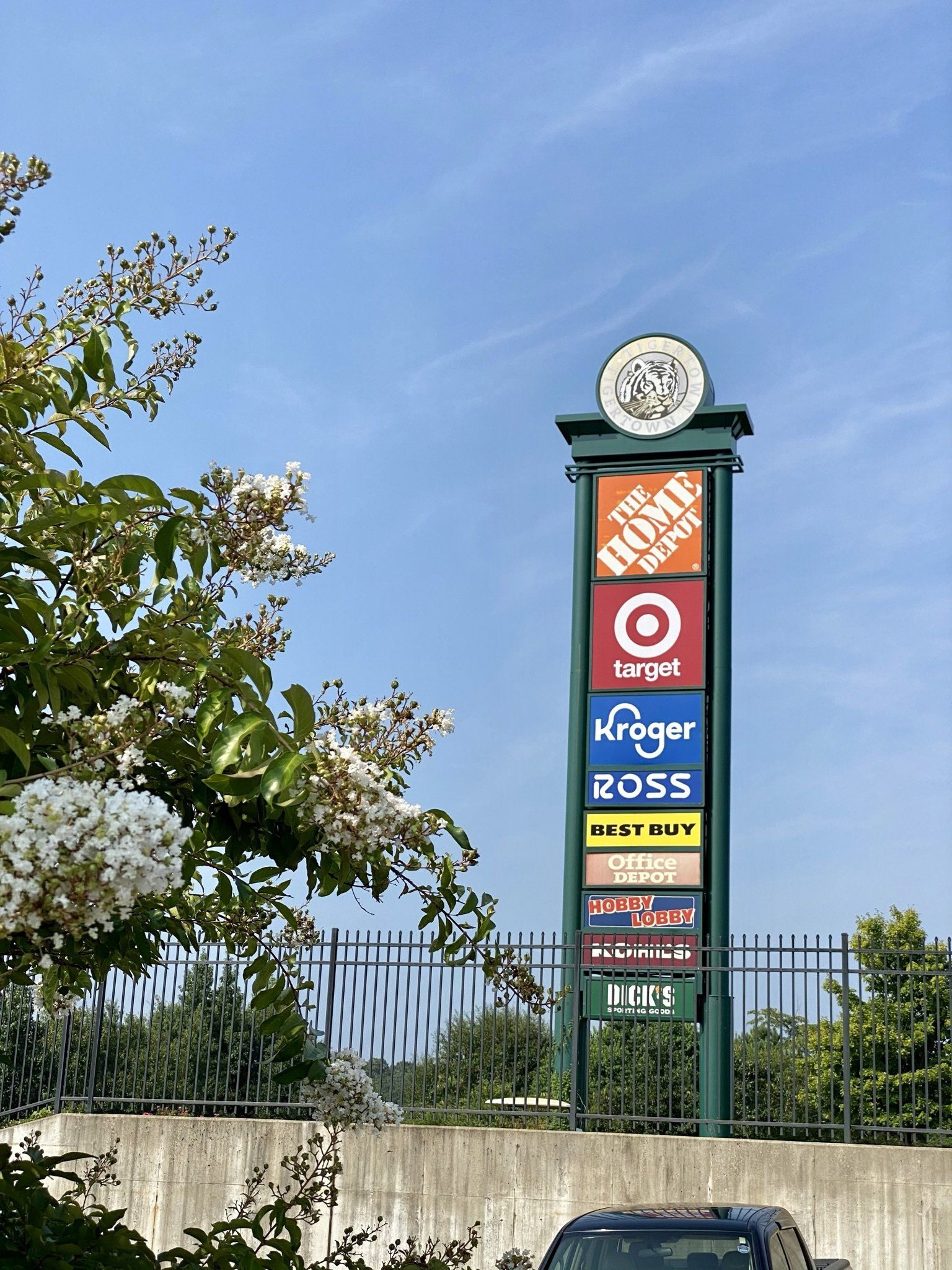 A large sign for the home depot is surrounded by trees and a fence.