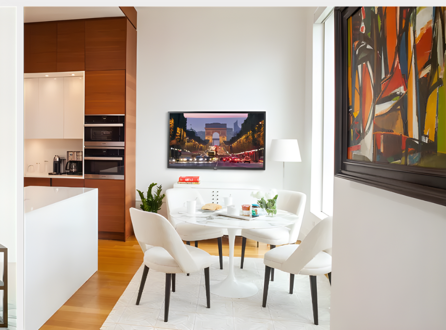 Modern dining area with white table, chairs, and TV displaying a Paris scene.