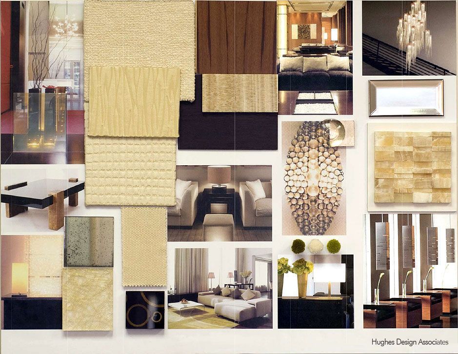 Mood board with interior design elements: wood, textures, neutral tones, and photos of rooms.