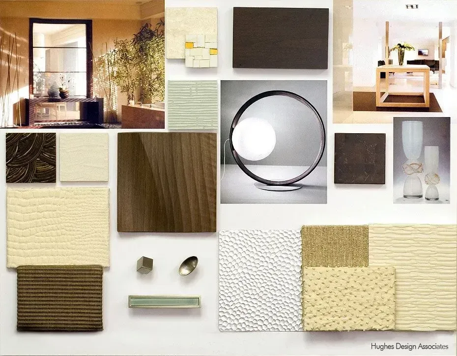 Mood board with interior design elements and neutral tones, featuring textures, wood, and lighting.