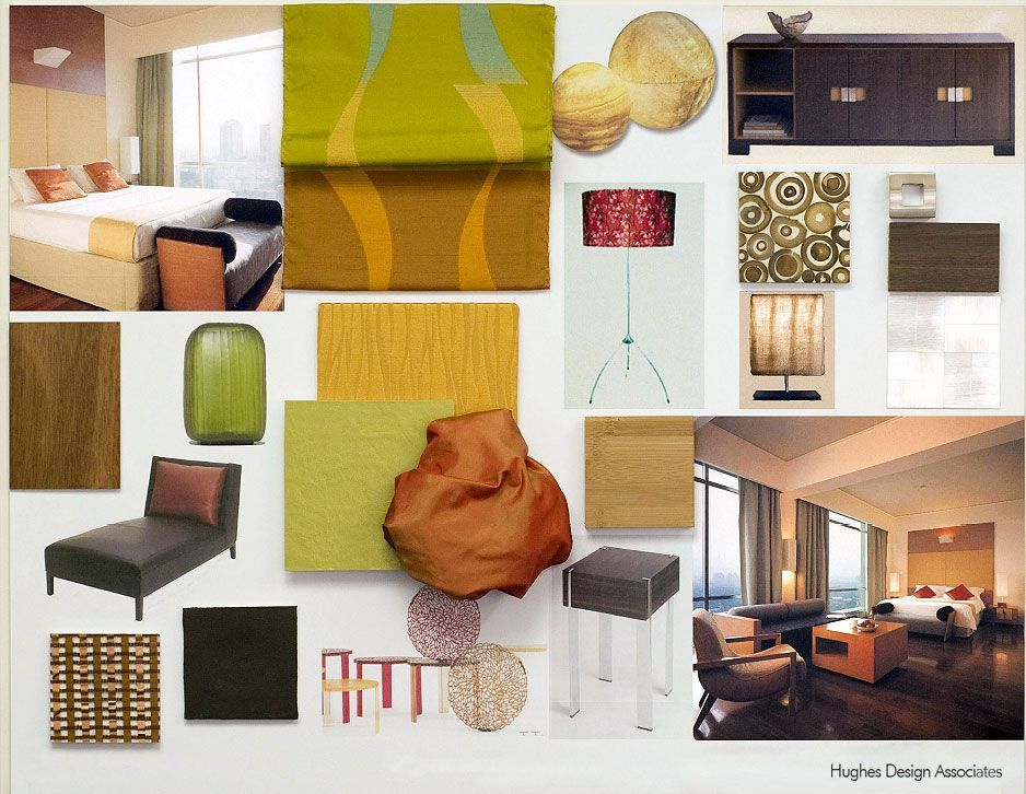 Mood board with furniture, fabric samples, and room photos in brown, orange, green, and white.