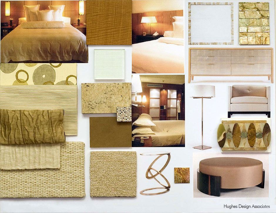 Mood board of a beige and brown hotel room design, with bed, textures, furniture, and lighting ideas.