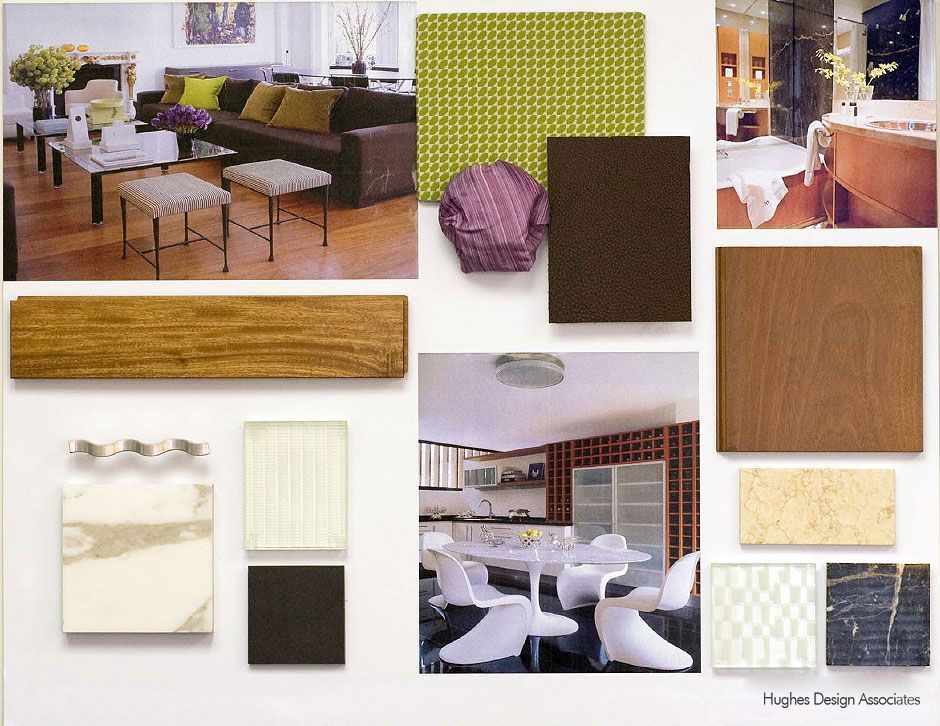 Mood board with interior design elements: living room, kitchen, wood, fabric, and stone samples. Earth tones with pops of green and purple.