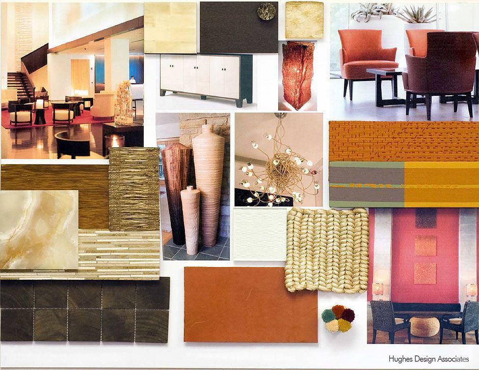 Interior design mood board with warm colors, textures, and furniture samples for a commercial space.