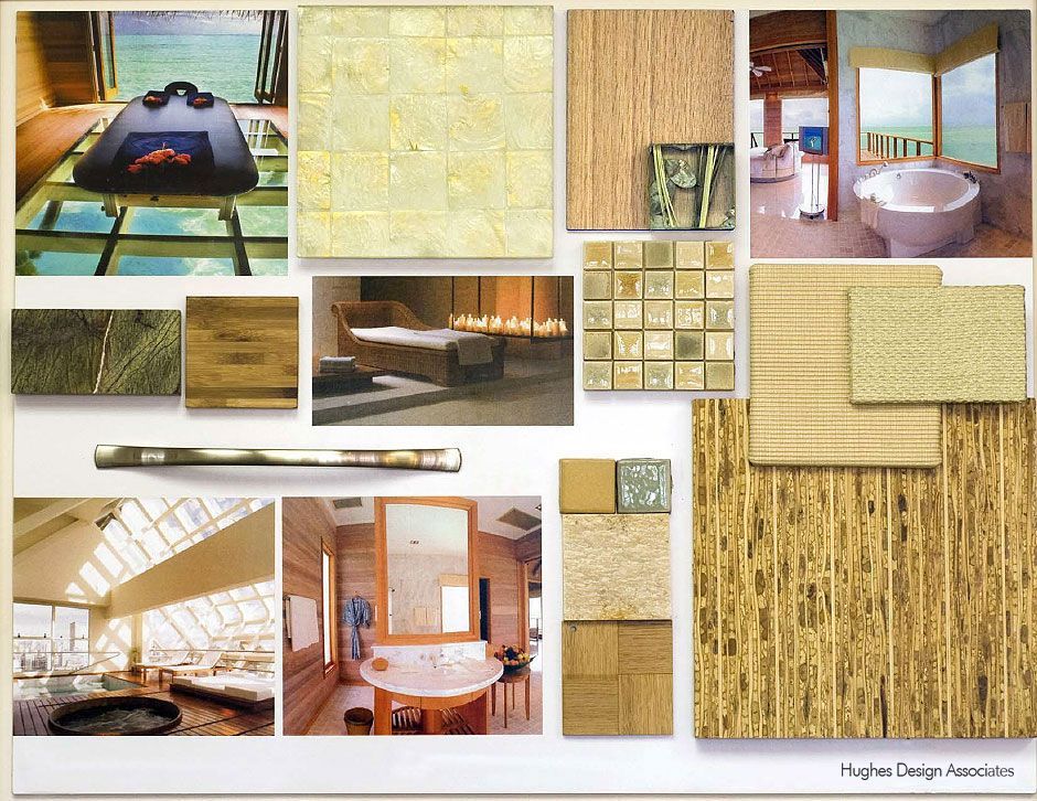 Interior design mood board with beige, tan, and light blue tones, featuring textures and room scenes.