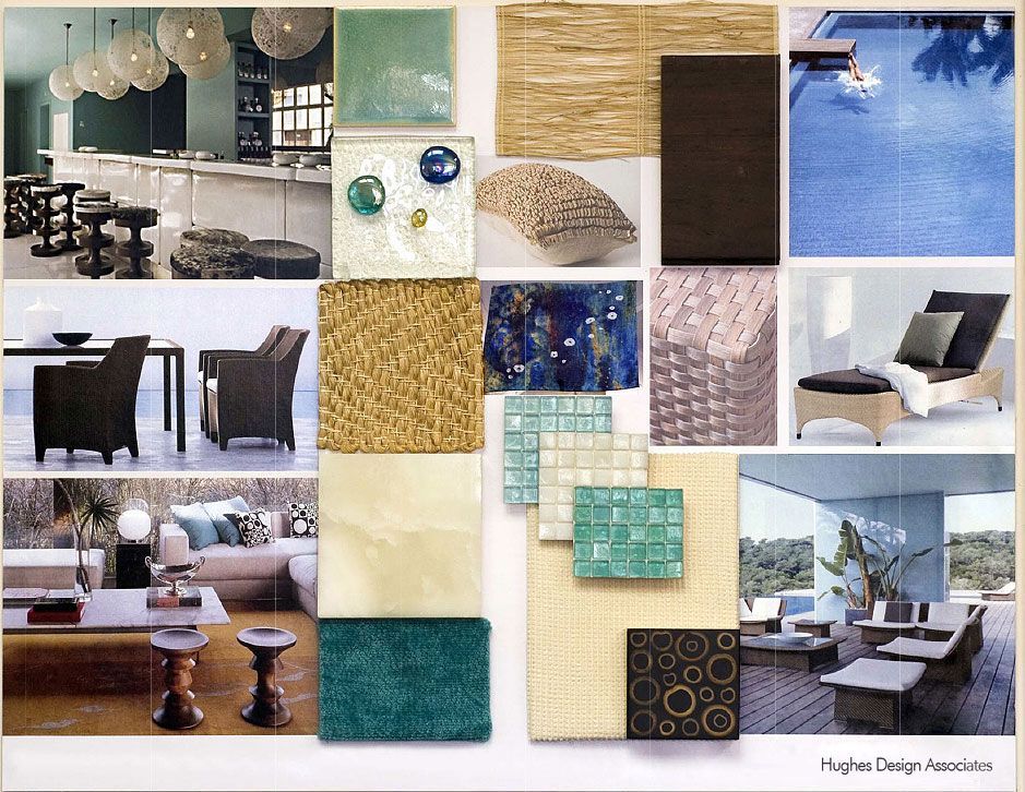 Mood board with various textures, colors: teal, brown, beige. Images include furniture, tiles, and outdoor scenes.