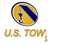 The logo for u.s. tow is a yellow and blue circle with a crane hook.