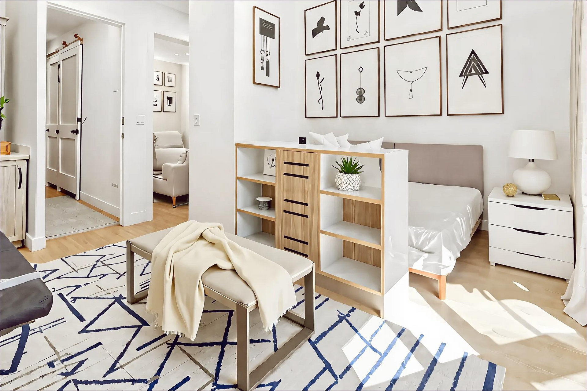 A bedroom with a bed , nightstands , shelves and a rug.