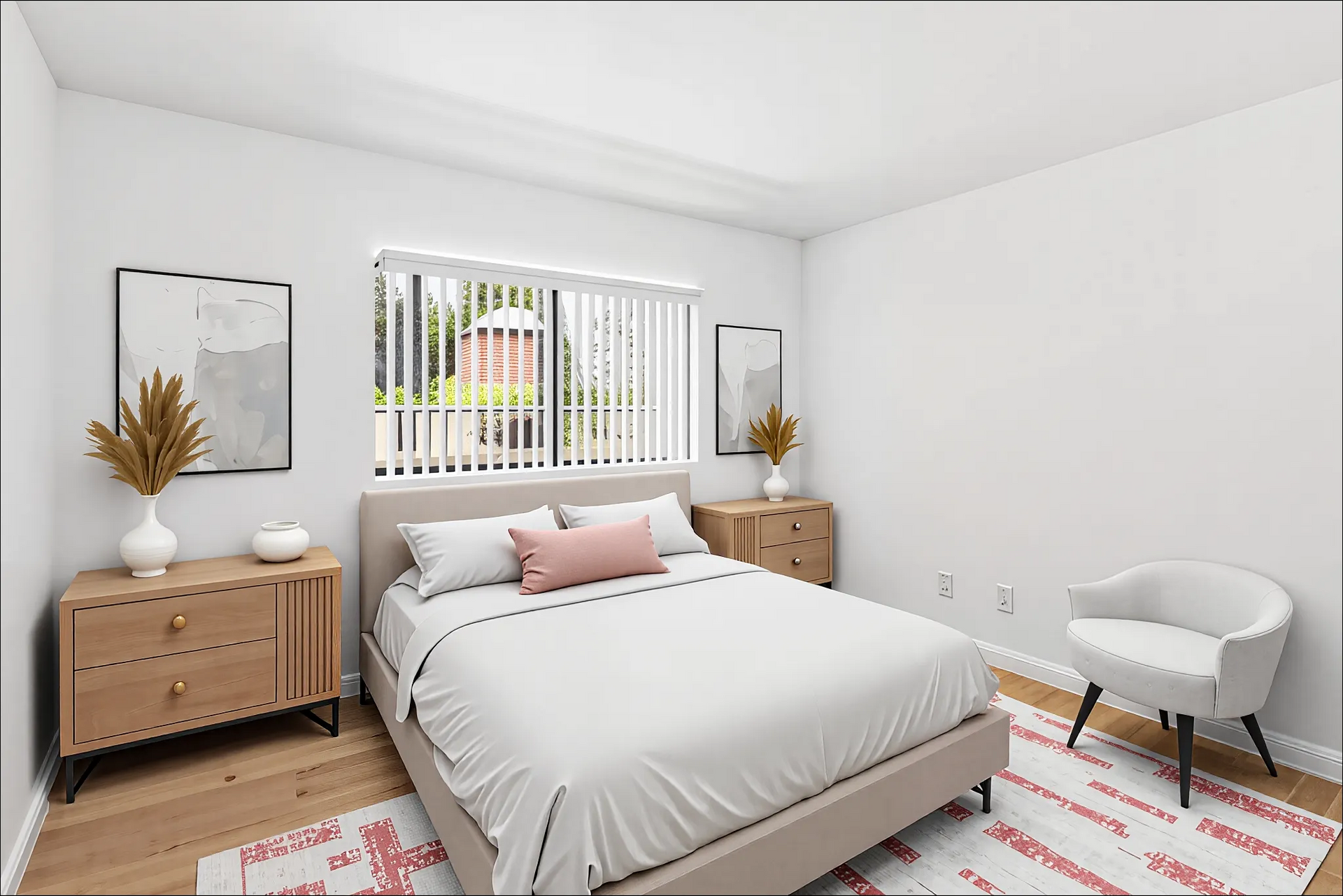 A bedroom with a bed , chair , nightstand and window.