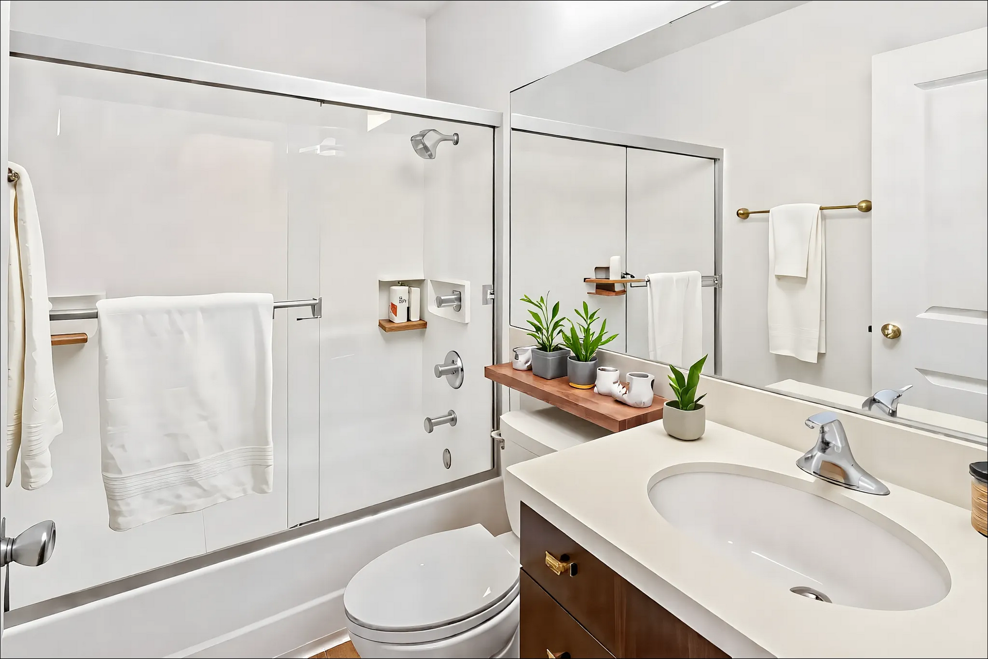 A bathroom with a toilet , sink , shower and mirror.