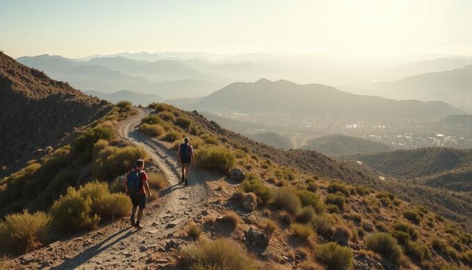 Two people are walking down a dirt path on top of a mountain.