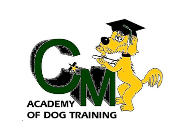 Cm Academy of Dog Training Logo: A yellow dog in a graduation cap holds a diploma next to the letters