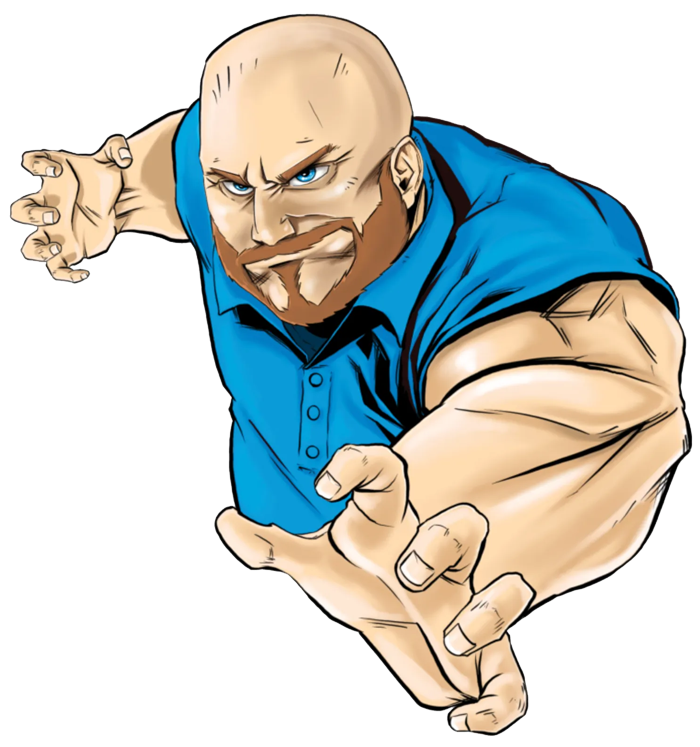 A bald man with a beard is wearing a blue shirt