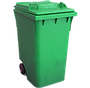 A green trash can with wheels and a lid on a white background.