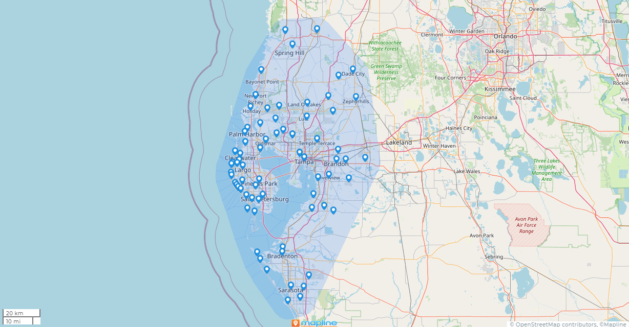 Map Trash bin cleaning services in Tampa Bay and the Florida Sun Coast