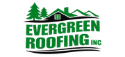 The Evergreen Roofing Inc. logo features green text and a graphic of house roofs and evergreen trees.