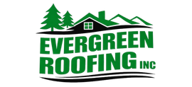 The Evergreen Roofing Inc. logo features green text and a graphic of house roofs and evergreen trees.