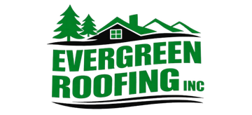 The Evergreen Roofing Inc. logo features green text and a graphic of house roofs and evergreen trees.