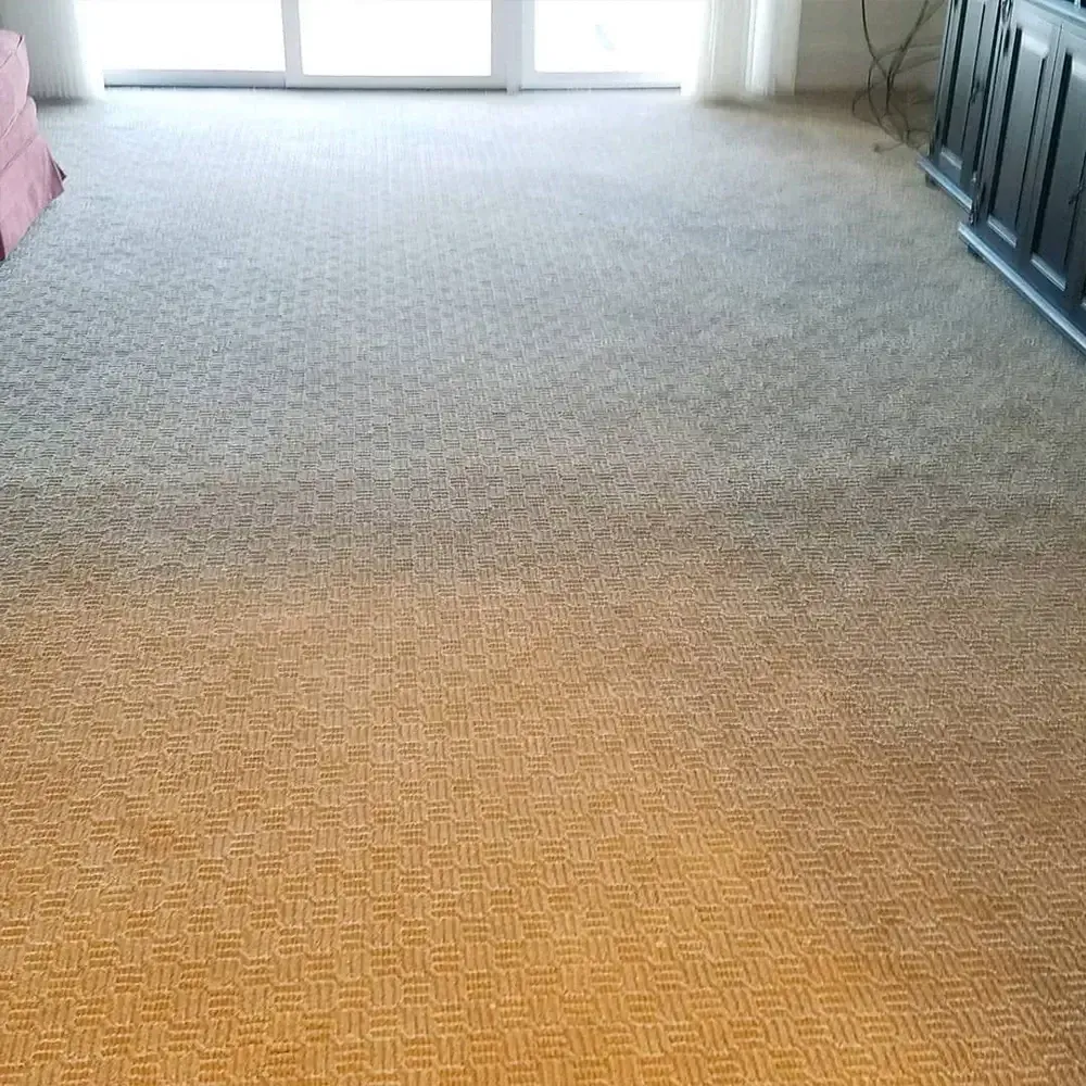 Carpeted floor showing a color transition from light gray to golden brown.