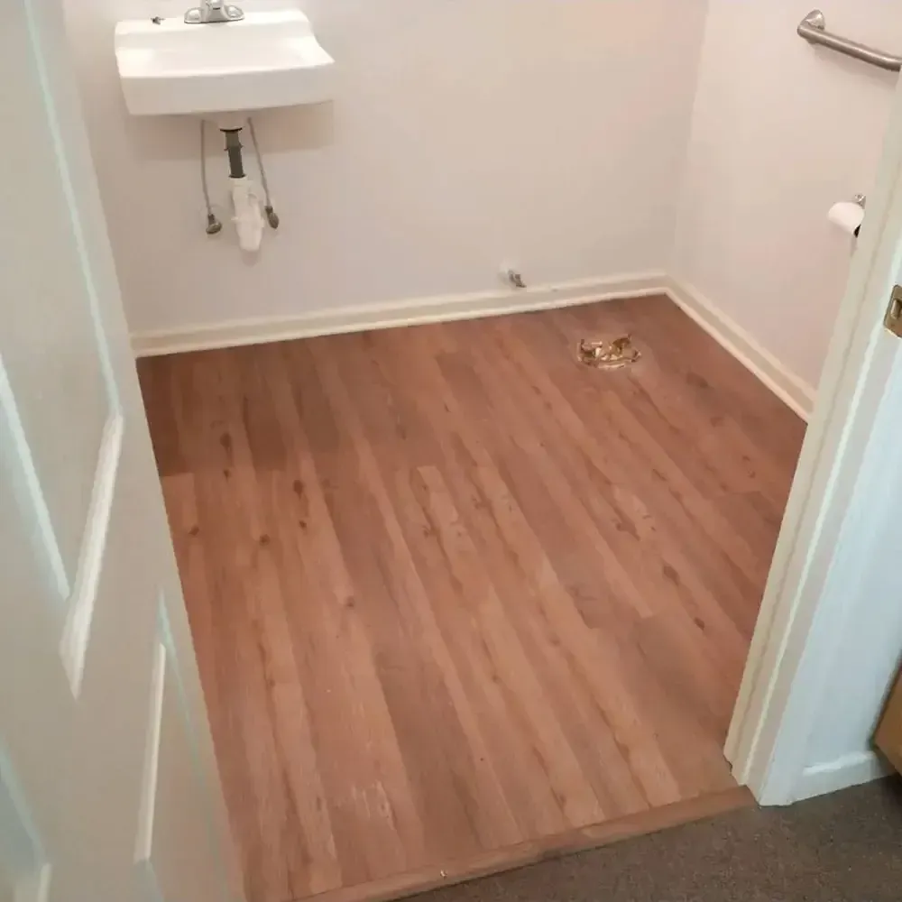 A small bathroom with wood-look flooring, a white sink, and a partially visible door.