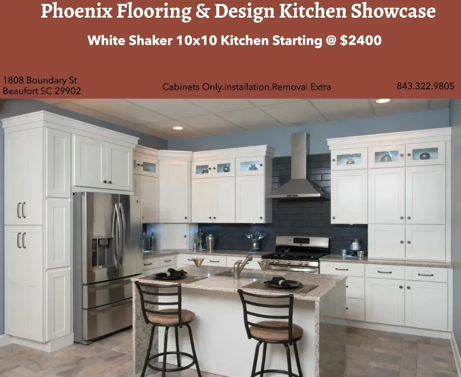 Kitchen showcase advertisement: White shaker cabinets, stainless steel appliances, and island. Text includes pricing and contact information for Phoenix Flooring & Design.