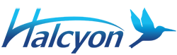 the halcyon logo has a blue bird on it .