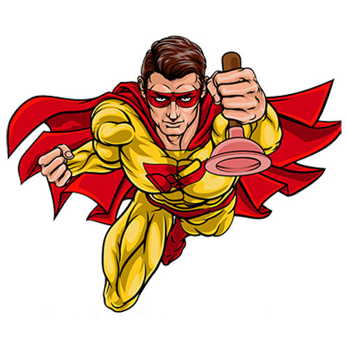 A superhero in a yellow suit and red cape holding a plunger, flying toward the viewer.