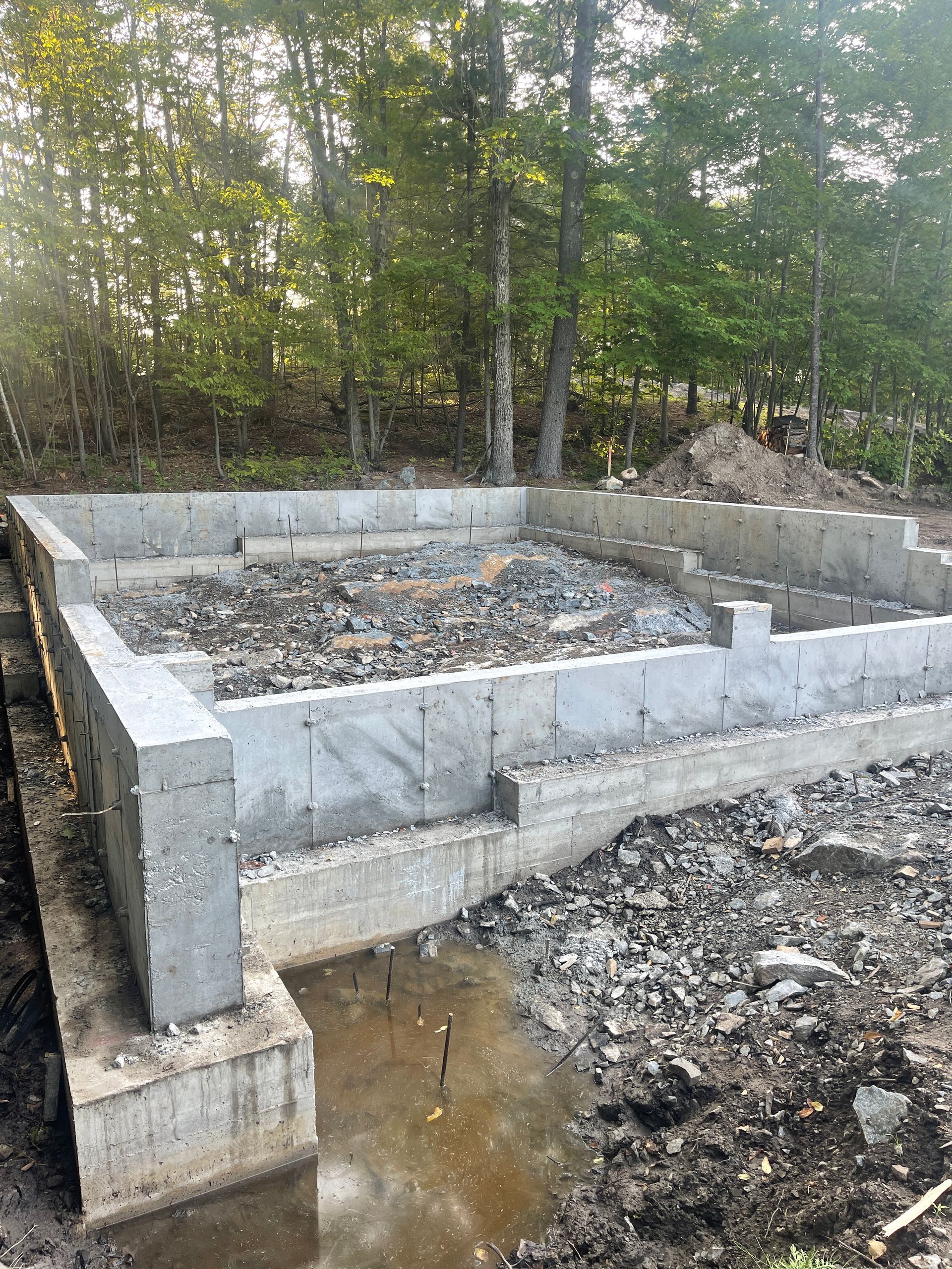 Une fondation en béton est en cours de construction au milieu d'une forêt.