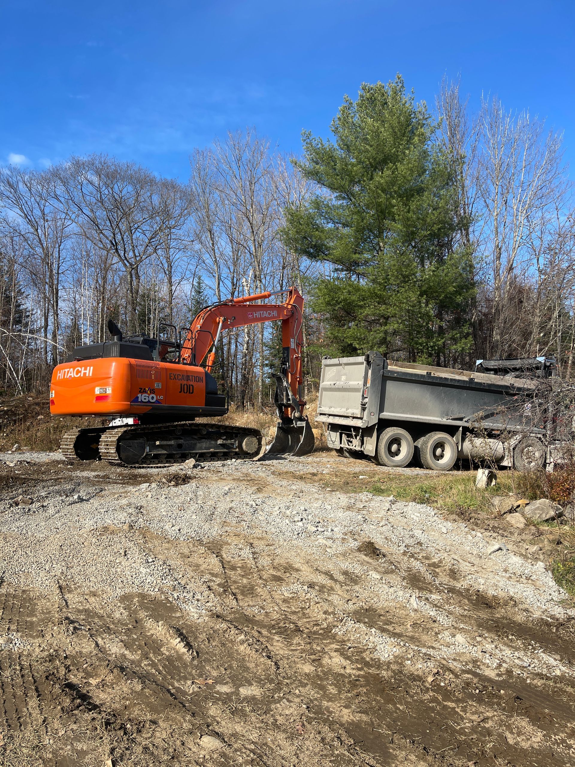 Une excavatrice charge un camion-benne dans un champ de terre.