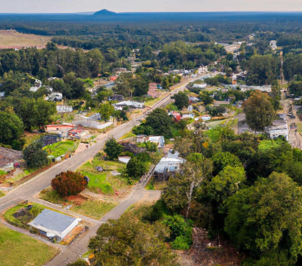 An aerial view of a small town surrounded by trees and houses.