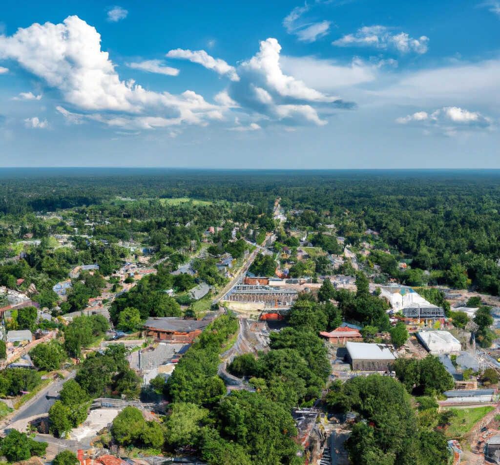 An aerial view of a small town surrounded by trees and houses.