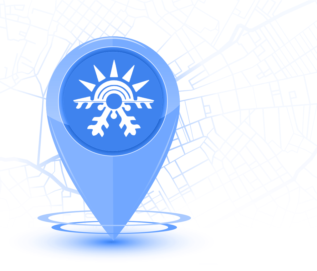 A blue pin with a sun and snowflake icon on a map.