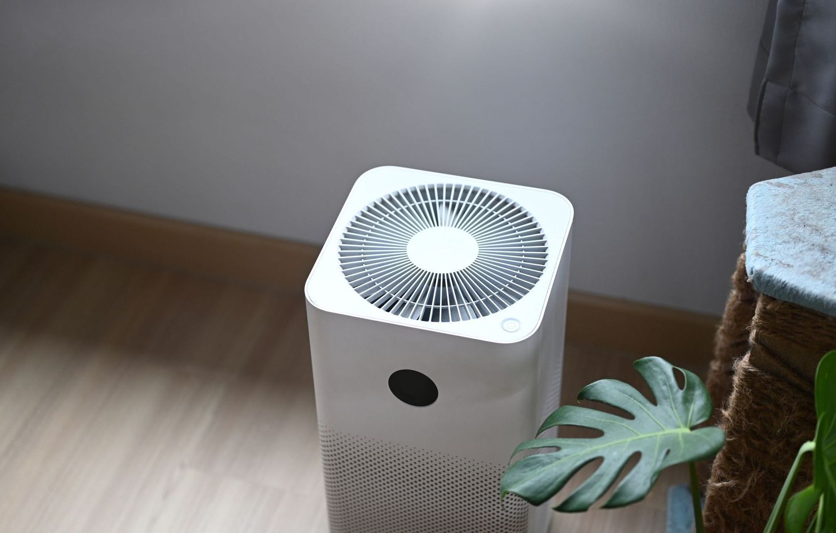 A white air purifier is sitting on a wooden floor next to a plant.